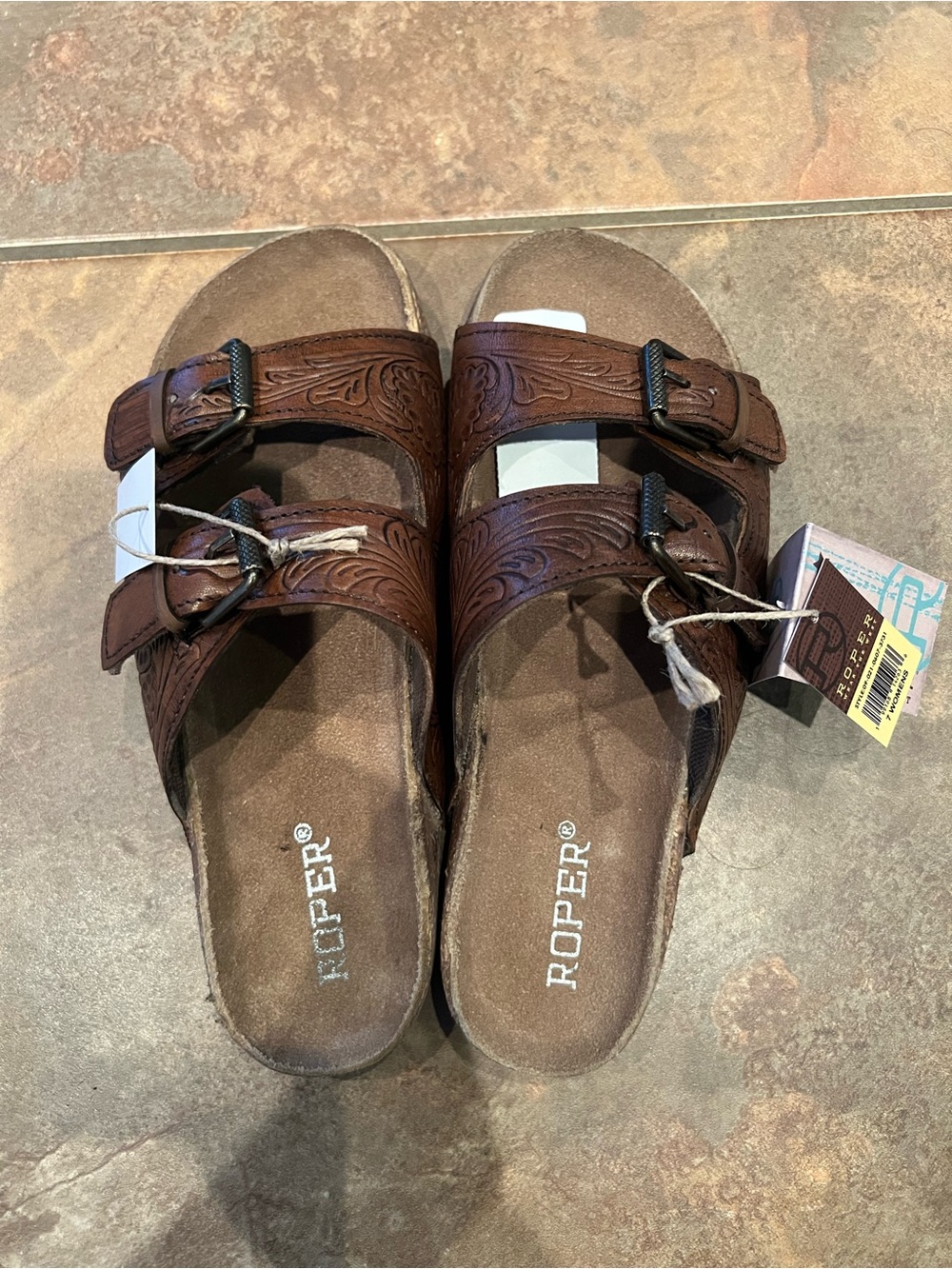 Women’s Roper Brown Embossed Buckle Double-Strap Sandals